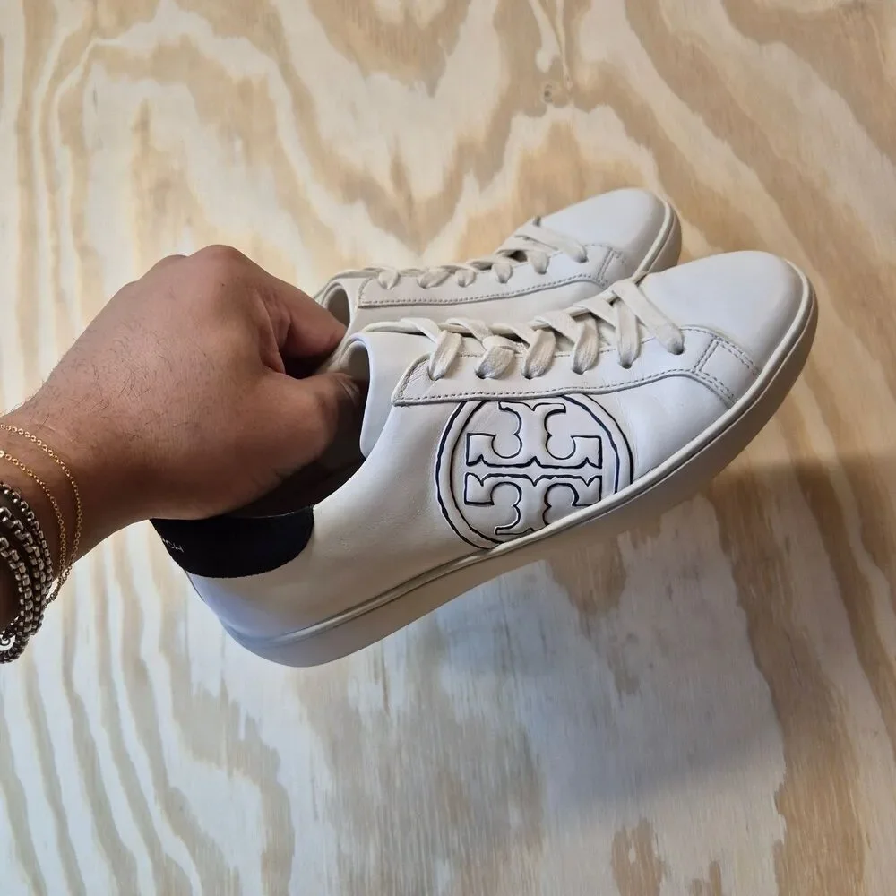 Tory Burch Women's T Logo Leather Sneakers White Navy Size 7M Low Top